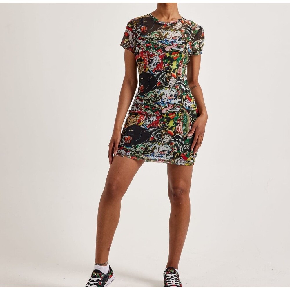 NWT Ed Hardy Women's Mesh Tee Dress Size Small Tattoo Collage Print Lined